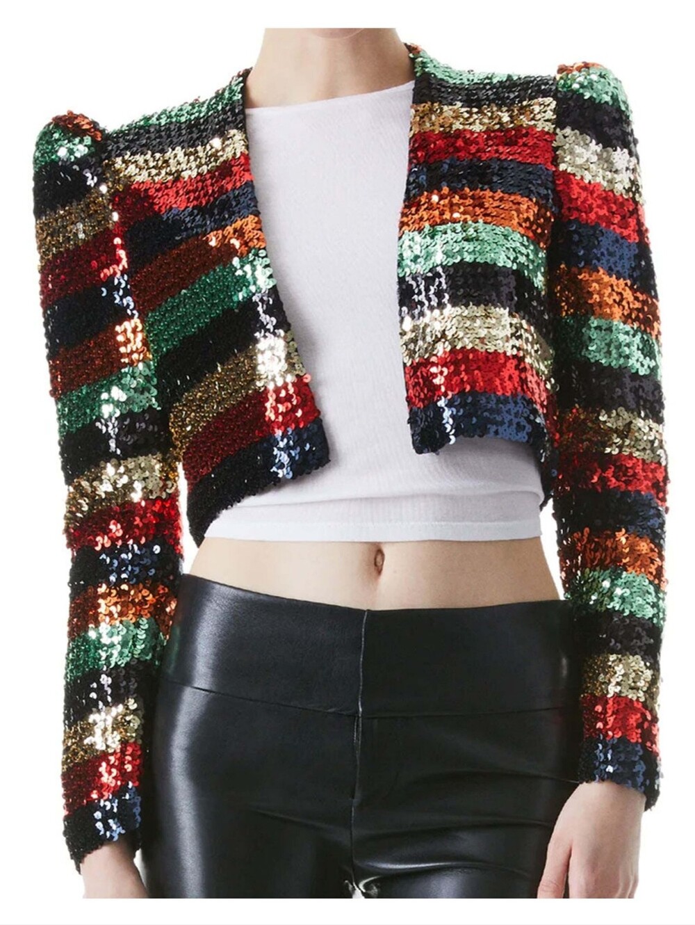 Alice + Olivia Rainbow Sequin Stripe Bolero Dressy Jacket Puff Sleeve Statement